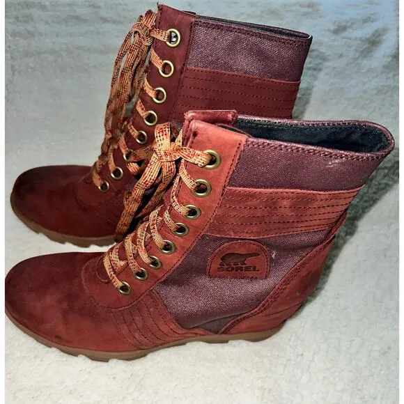 Sorel PDX Lace up Wedge Lexie Wedge Maroon Brown Leather Canvas - size 9.5 - E3