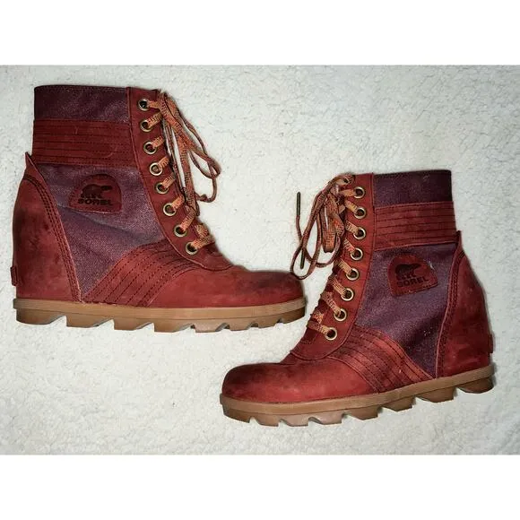 Sorel PDX Lace up Wedge Lexie Wedge Maroon Brown Leather Canvas - size 9.5 - E3