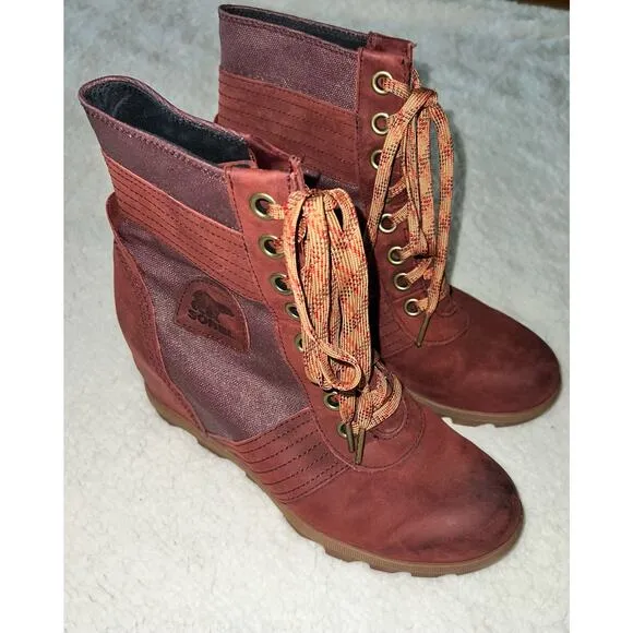 Sorel PDX Lace up Wedge Lexie Wedge Maroon Brown Leather Canvas - size 9.5 - E3