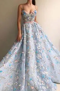 Spaghetti Straps Lace Flower A-line Long Evening Prom Dresses, Cheap Sweet 16 Dresses, 18448