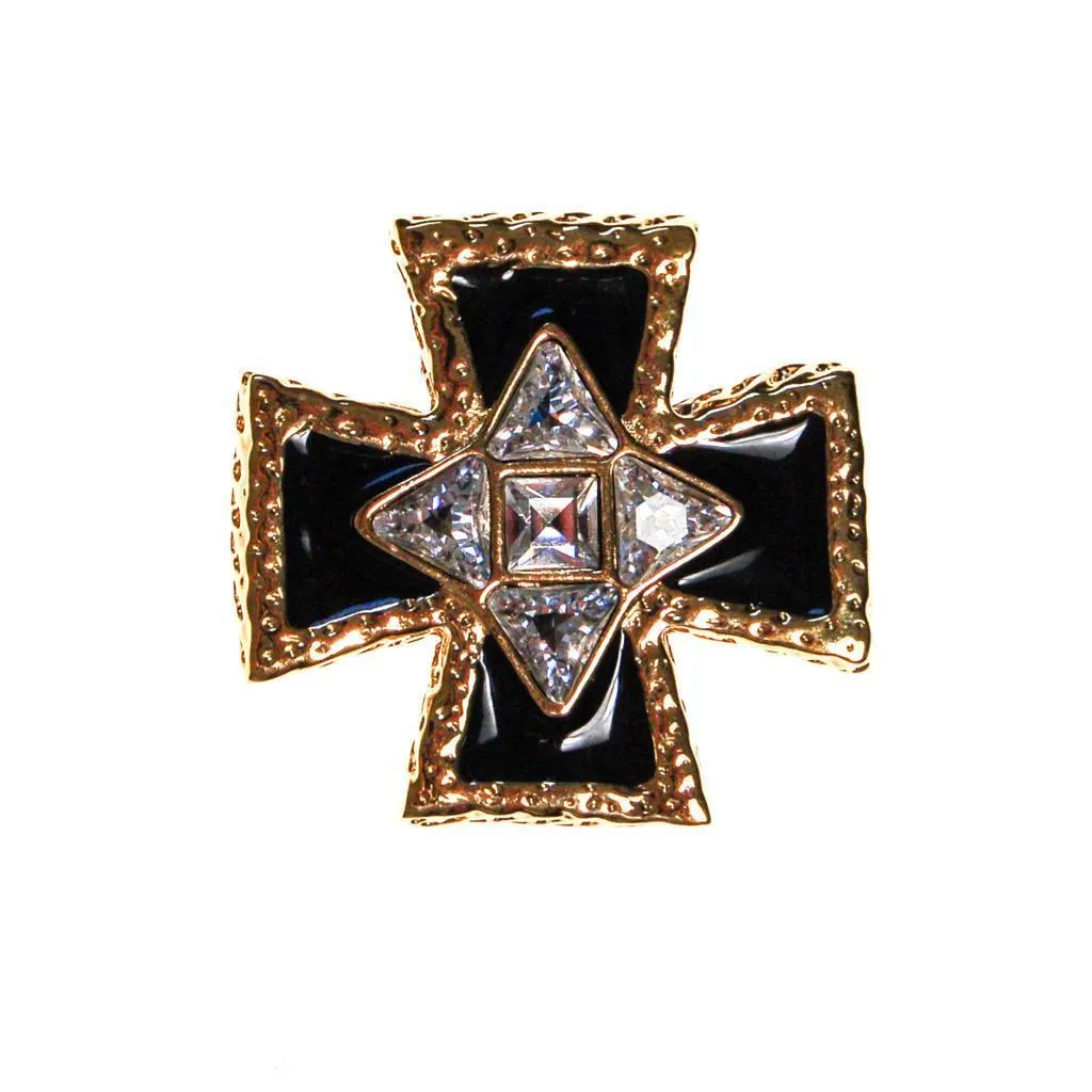 St John Maltese Cross Pendant Brooch, Gold Tone, Black Enamel Rhinestones