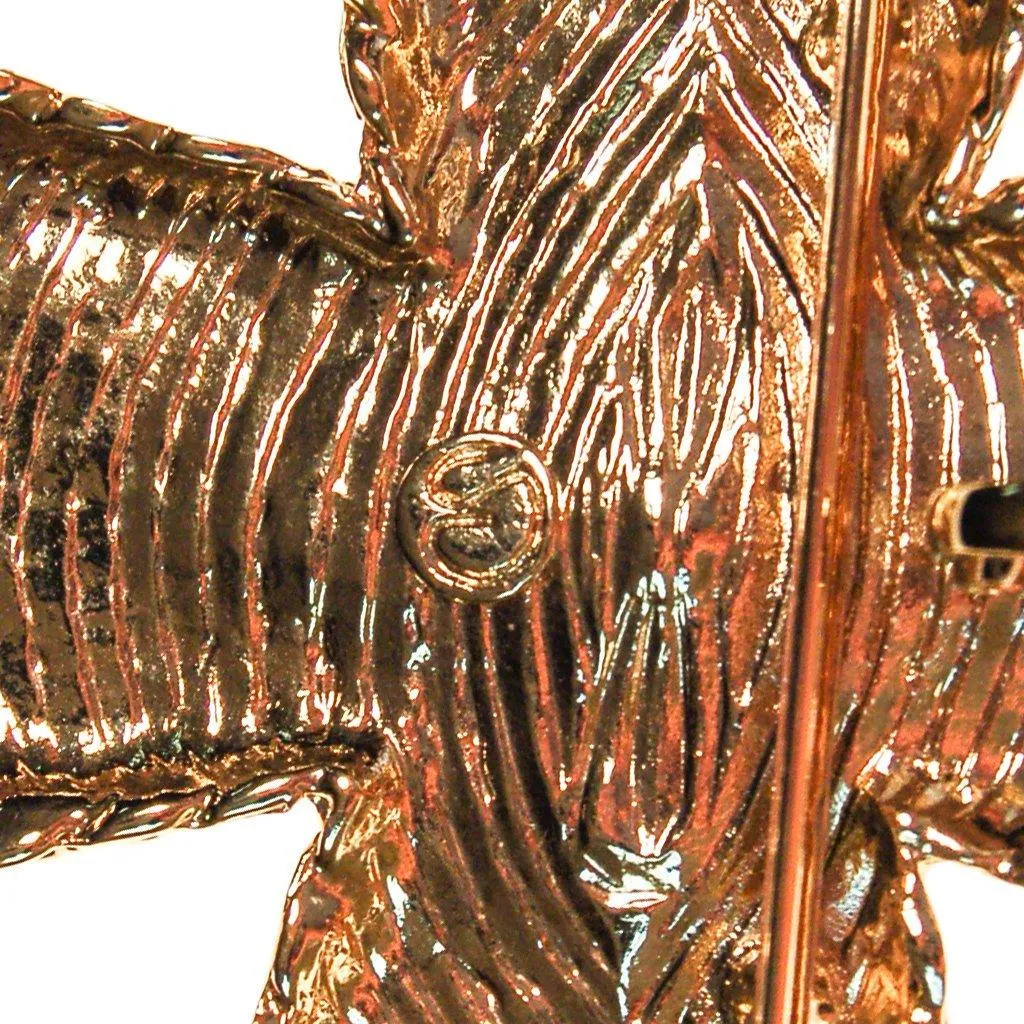 St John Maltese Cross Pendant Brooch, Gold Tone, Black Enamel Rhinestones