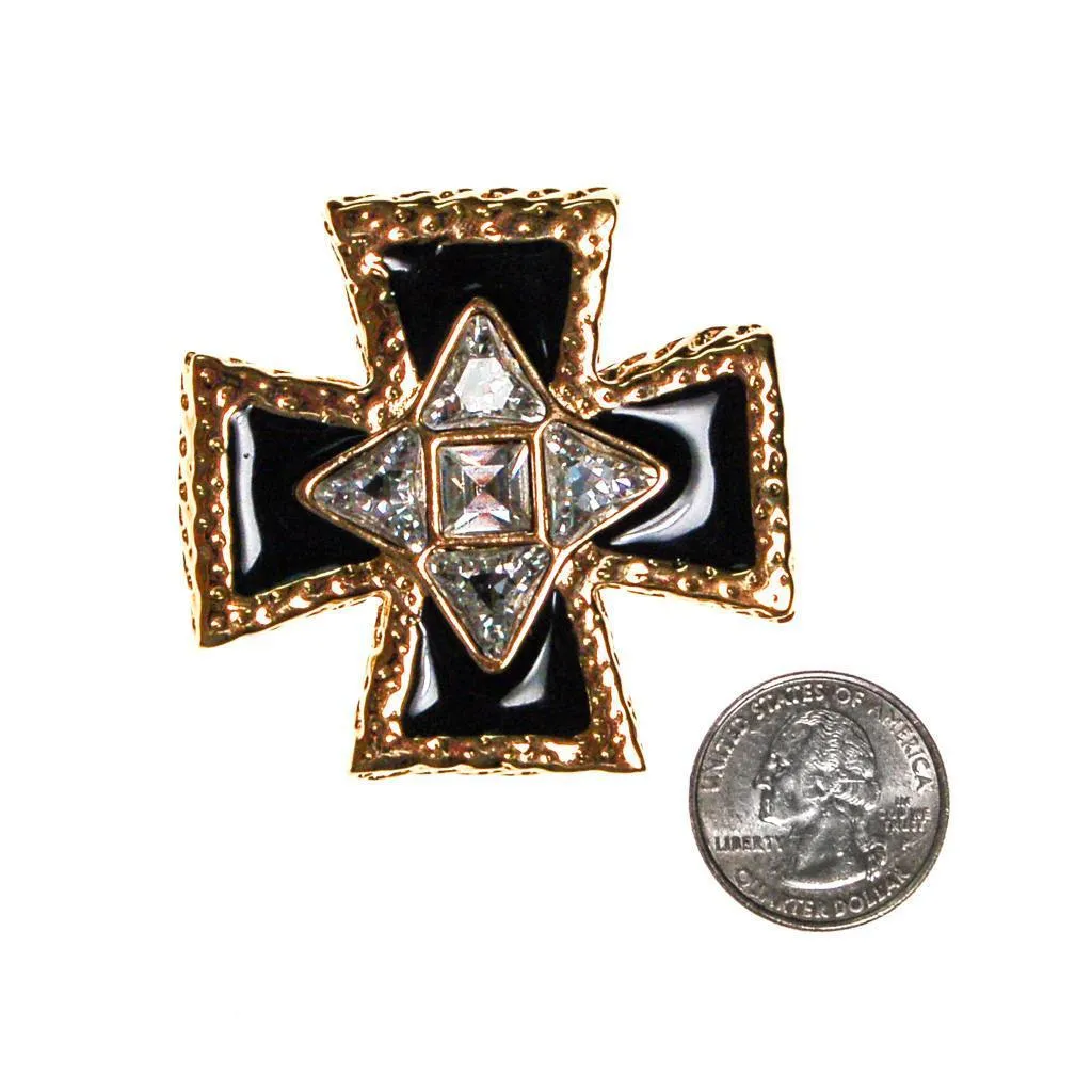 St John Maltese Cross Pendant Brooch, Gold Tone, Black Enamel Rhinestones