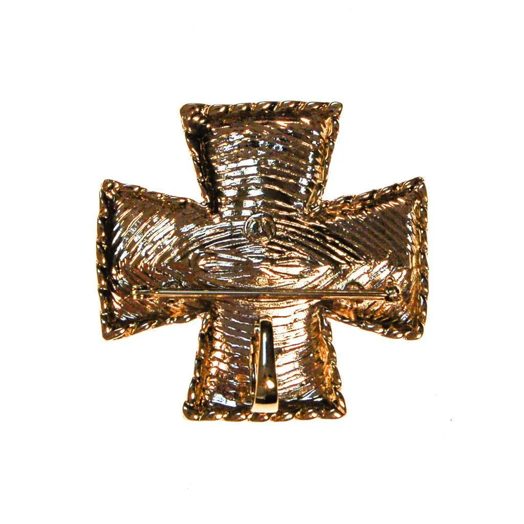 St John Maltese Cross Pendant Brooch, Gold Tone, Black Enamel Rhinestones