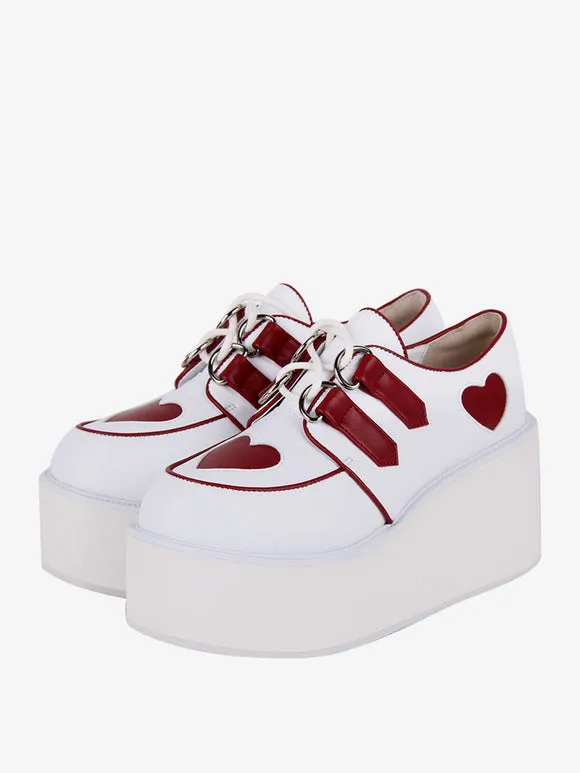 Steampunk Lolita Footwear White Lace Up Hearts Pattern PU Leather Wedge Heel Lolita Shoes
