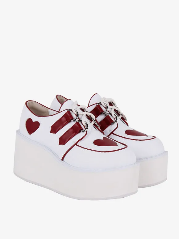 Steampunk Lolita Footwear White Lace Up Hearts Pattern PU Leather Wedge Heel Lolita Shoes