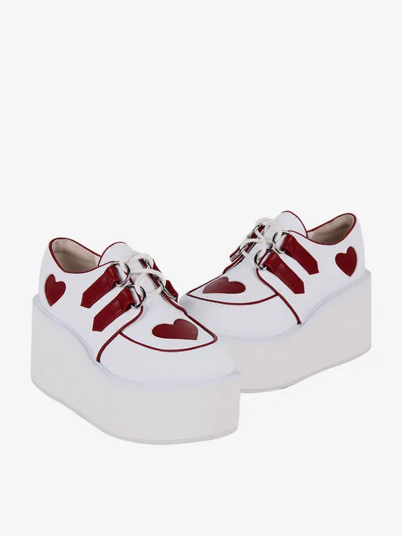 Steampunk Lolita Footwear White Lace Up Hearts Pattern PU Leather Wedge Heel Lolita Shoes