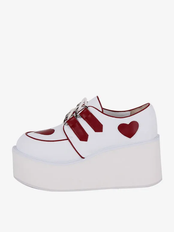 Steampunk Lolita Footwear White Lace Up Hearts Pattern PU Leather Wedge Heel Lolita Shoes