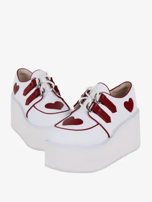 Steampunk Lolita Footwear White Lace Up Hearts Pattern PU Leather Wedge Heel Lolita Shoes