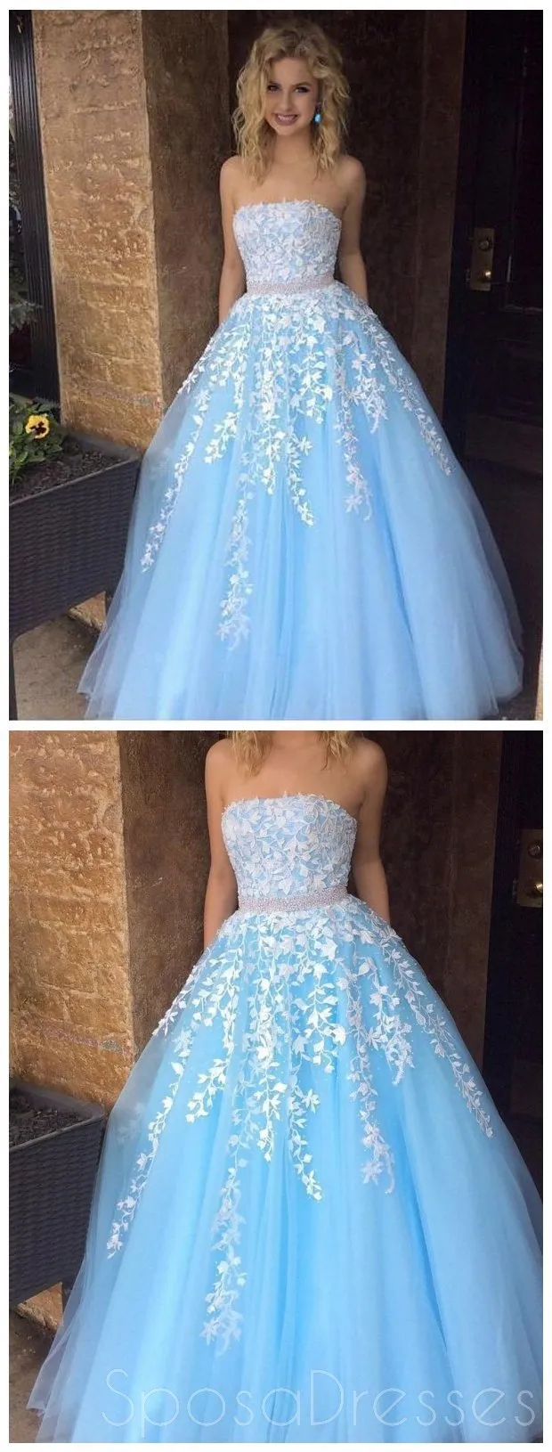 Straight Lace Beaded Blue A-line Long Evening Prom Dresses, Cheap Sweet 16 Dresses, 18378