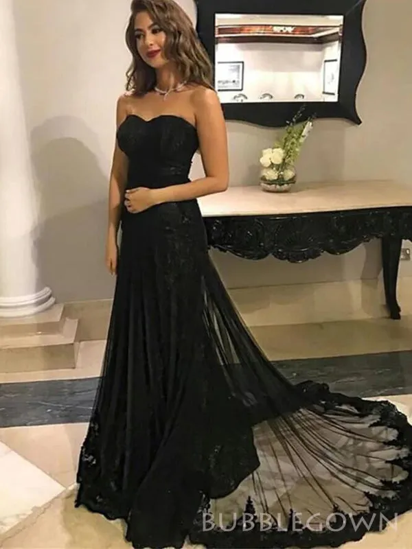 Strapless Black Tulle Appliques Long Evening Prom Dresses, Mermaid Prom Dresses, BGS0289