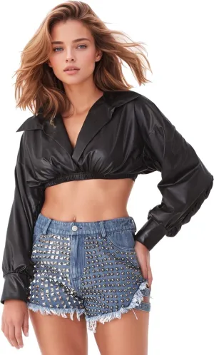 Studded Denim Shorts with Pearl Embellishments- 81850