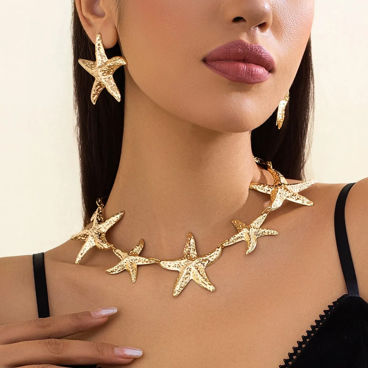 Stylish Chunky Gold Silver Tone Starfish Necklace Earrings Set