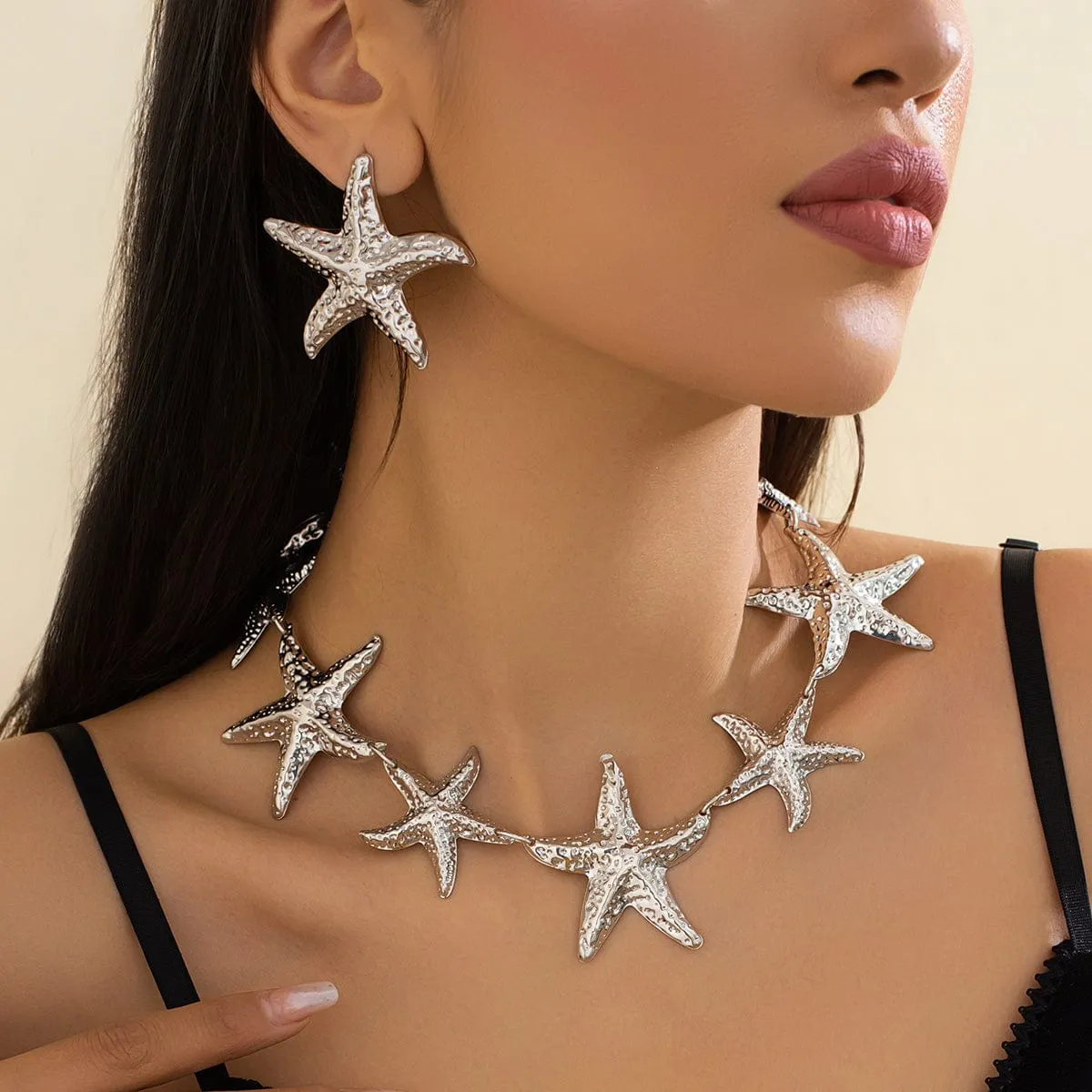 Stylish Chunky Gold Silver Tone Starfish Necklace Earrings Set