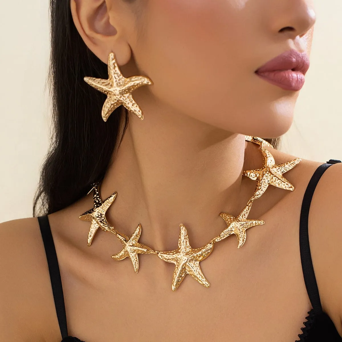 Stylish Chunky Gold Silver Tone Starfish Necklace Earrings Set