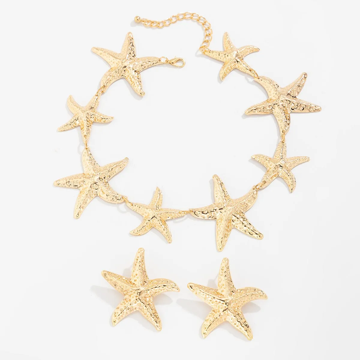 Stylish Chunky Gold Silver Tone Starfish Necklace Earrings Set