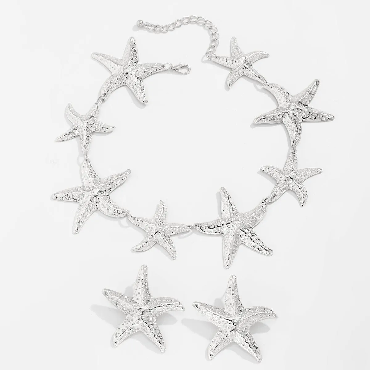 Stylish Chunky Gold Silver Tone Starfish Necklace Earrings Set