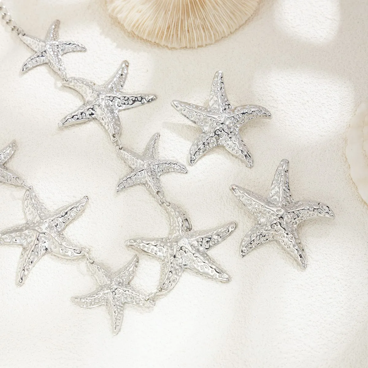 Stylish Chunky Gold Silver Tone Starfish Necklace Earrings Set