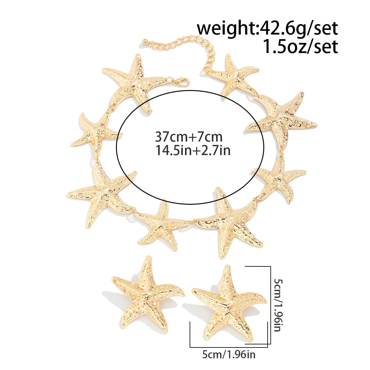 Stylish Chunky Gold Silver Tone Starfish Necklace Earrings Set