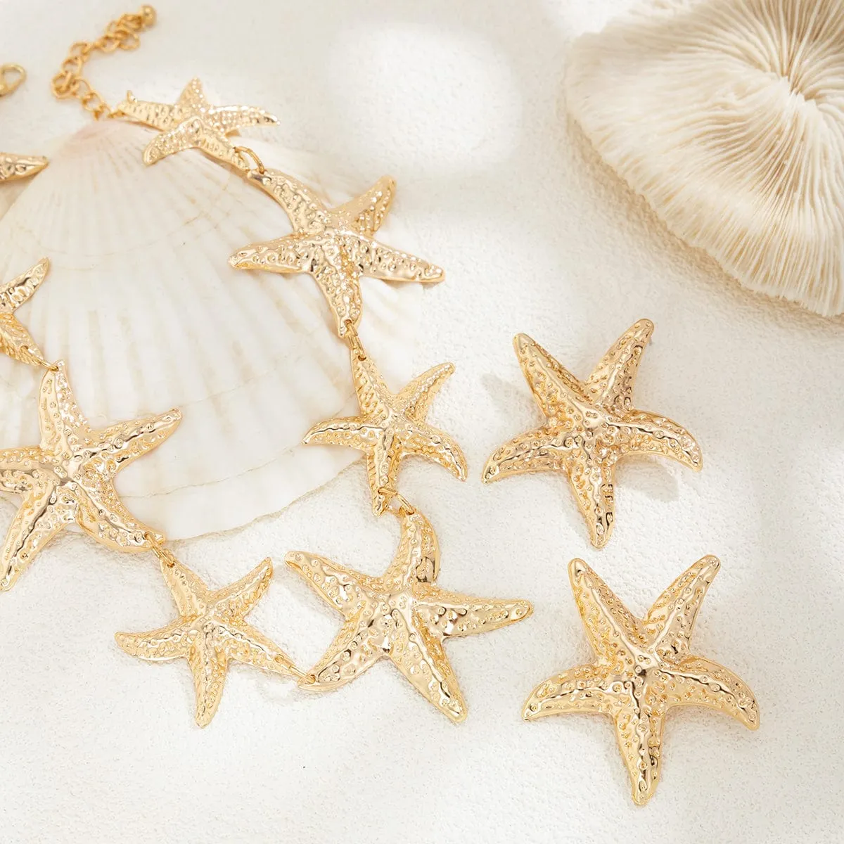 Stylish Chunky Gold Silver Tone Starfish Necklace Earrings Set