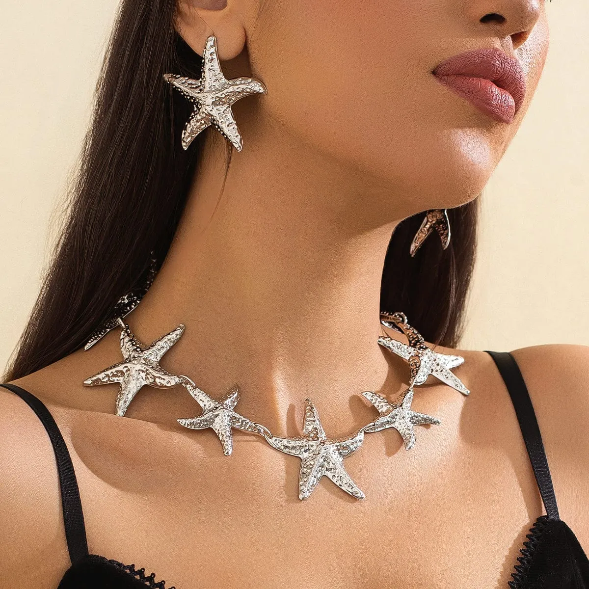 Stylish Chunky Gold Silver Tone Starfish Necklace Earrings Set