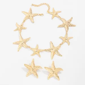 Stylish Chunky Gold Silver Tone Starfish Necklace Earrings Set