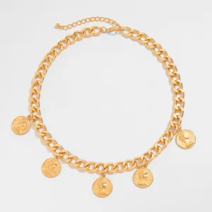 Stylish Chunky Relief Coin Tassel Curb Chain Necklace Bracelet