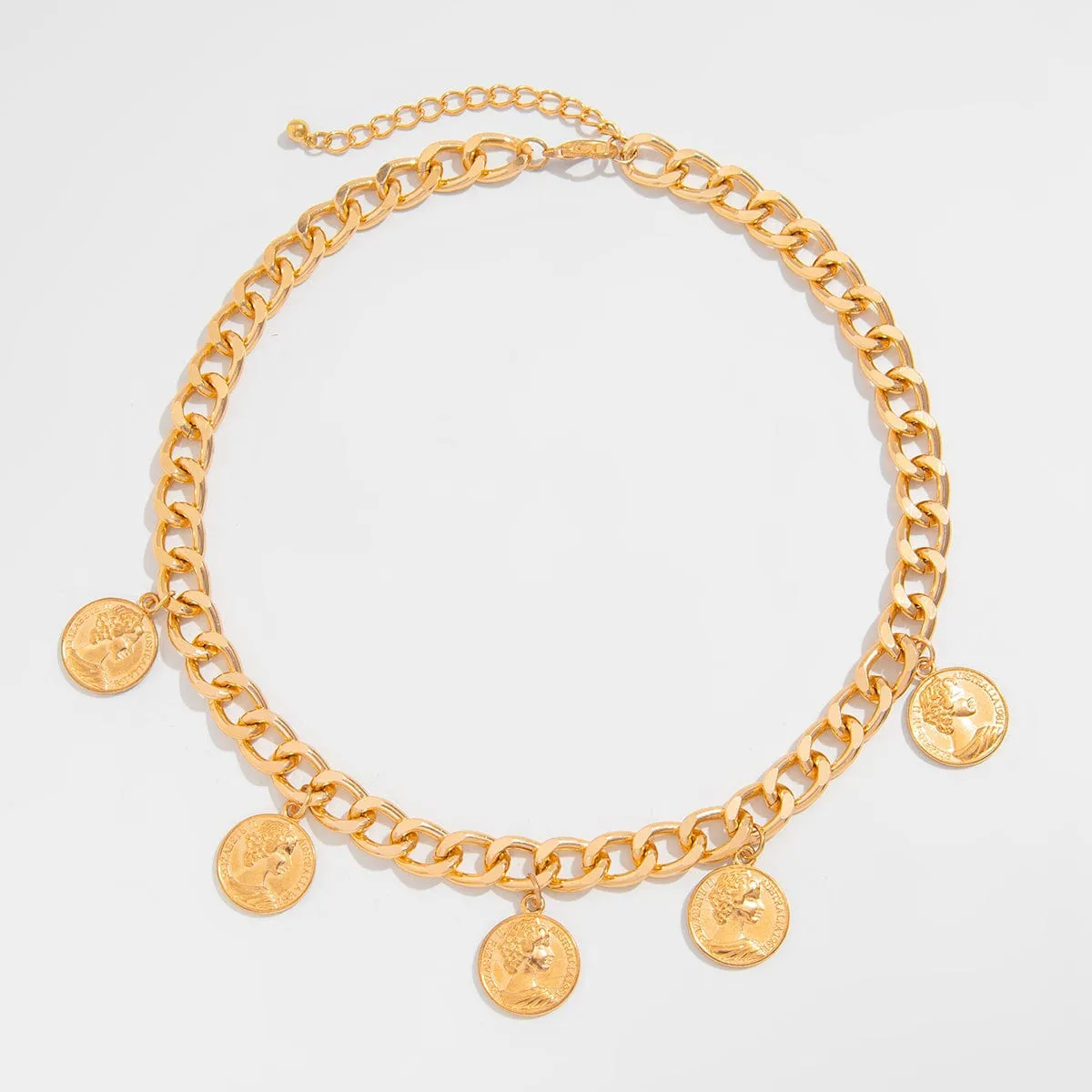 Stylish Chunky Relief Coin Tassel Curb Chain Necklace Bracelet