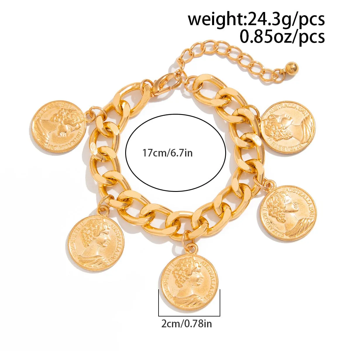 Stylish Chunky Relief Coin Tassel Curb Chain Necklace Bracelet