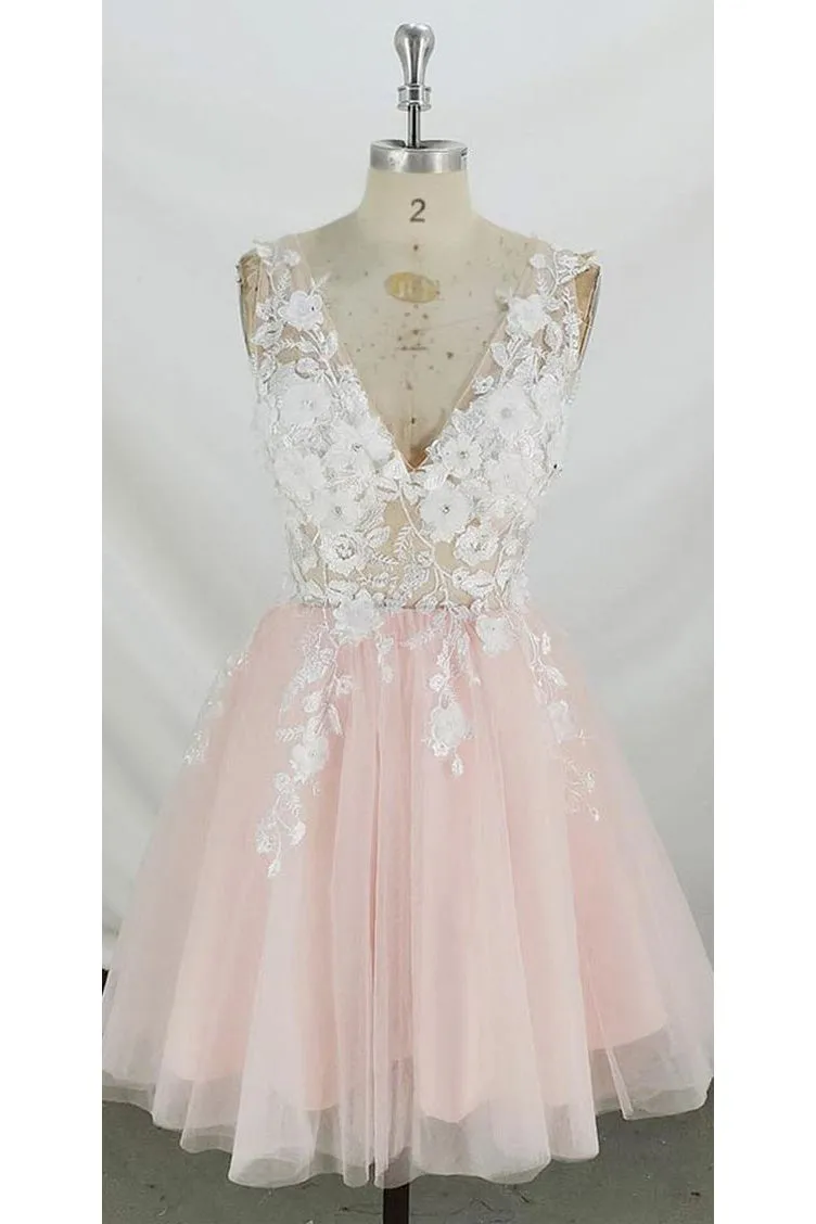 Sweet A-line V Neck Tulle Short Pink and White Lace Homecoming Dress OKZ15