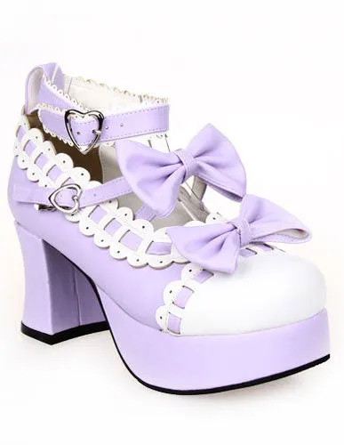 Sweet Chunky Heels Lolita Shoes Platform Bows White Trim Ankle Strap Heart Shape Buckles