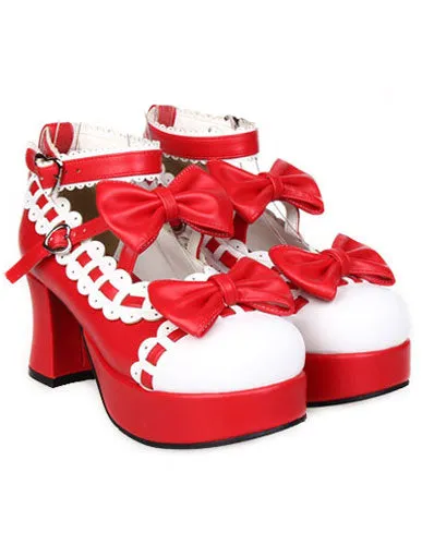 Sweet Chunky Heels Lolita Shoes Platform Bows White Trim Ankle Strap Heart Shape Buckles