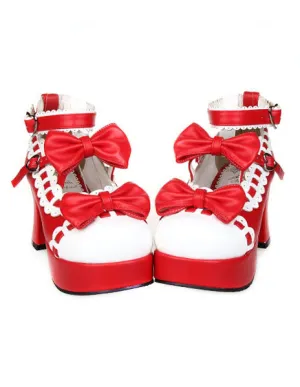 Sweet Chunky Heels Lolita Shoes Platform Bows White Trim Ankle Strap Heart Shape Buckles