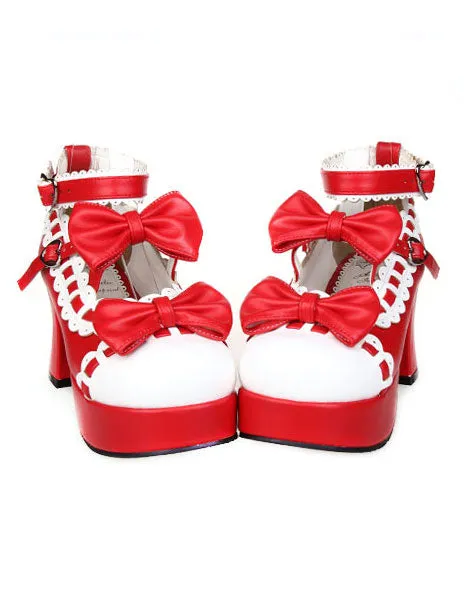 Sweet Chunky Heels Lolita Shoes Platform Bows White Trim Ankle Strap Heart Shape Buckles