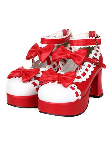 Sweet Chunky Heels Lolita Shoes Platform Bows White Trim Ankle Strap Heart Shape Buckles