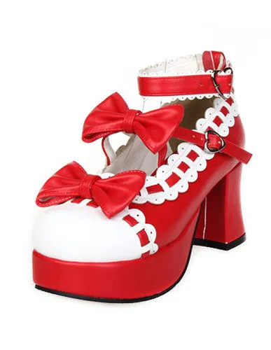 Sweet Chunky Heels Lolita Shoes Platform Bows White Trim Ankle Strap Heart Shape Buckles