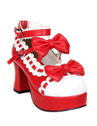 Sweet Chunky Heels Lolita Shoes Platform Bows White Trim Ankle Strap Heart Shape Buckles