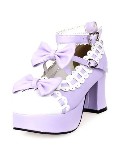 Sweet Chunky Heels Lolita Shoes Platform Bows White Trim Ankle Strap Heart Shape Buckles