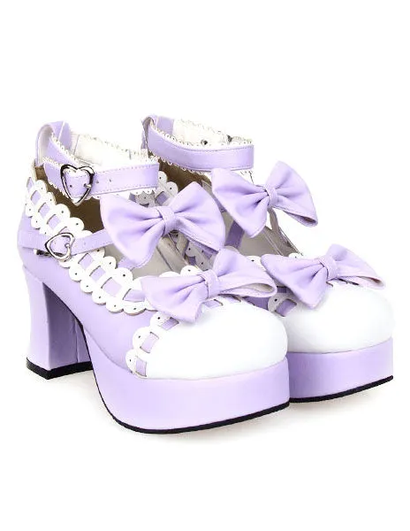 Sweet Chunky Heels Lolita Shoes Platform Bows White Trim Ankle Strap Heart Shape Buckles
