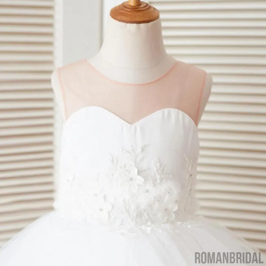 Sweet Flower Girl white Tulle Jewl Sleeveless applique Dress, Cute Flower Girl Dress, FG0094
