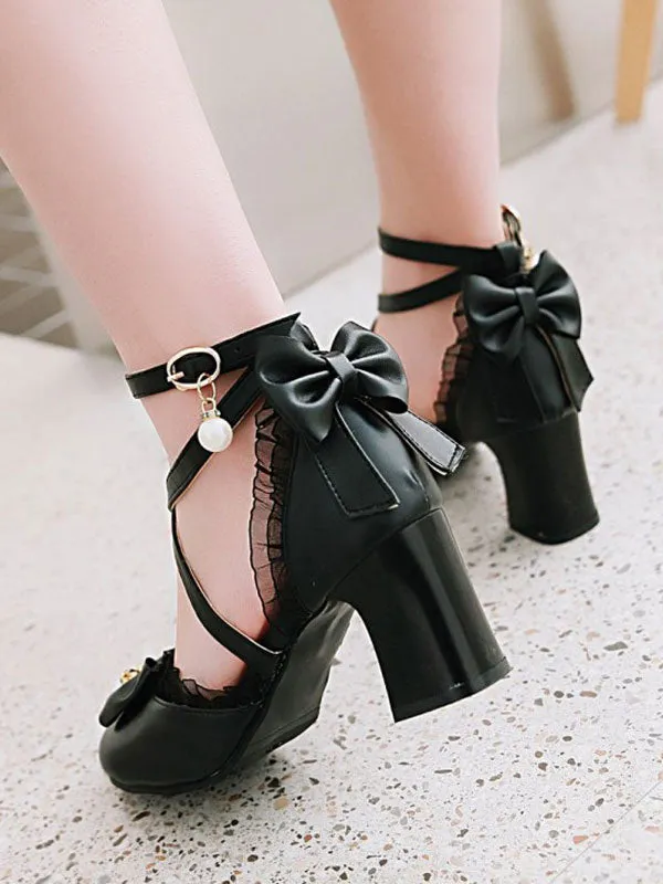 Sweet Lolita Footwear Bow Lace High Heel PU Leather Lolita Pump Shoes
