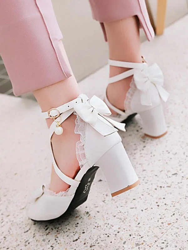Sweet Lolita Footwear Bow Lace High Heel PU Leather Lolita Pump Shoes