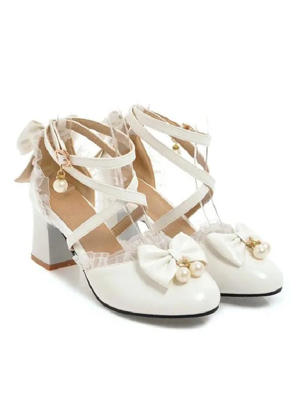 Sweet Lolita Footwear Bow Lace High Heel PU Leather Lolita Pump Shoes