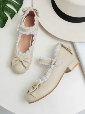 Sweet Lolita Footwear Bows Lace Round Toe PU Leather Lolita Pumps