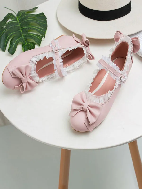 Sweet Lolita Footwear Bows Lace Round Toe PU Leather Lolita Pumps