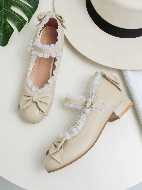Sweet Lolita Footwear Bows Lace Round Toe PU Leather Lolita Pumps
