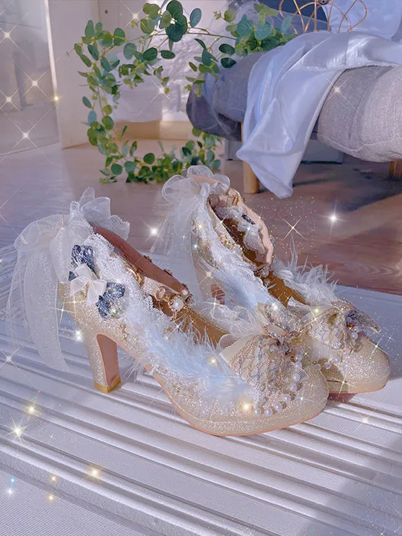 Sweet Lolita Footwear Champagne Pearls Bows Lace PU Leather Chunky Heel Lolita Pumps
