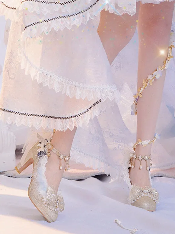 Sweet Lolita Footwear Champagne Pearls Bows Lace PU Leather Chunky Heel Lolita Pumps