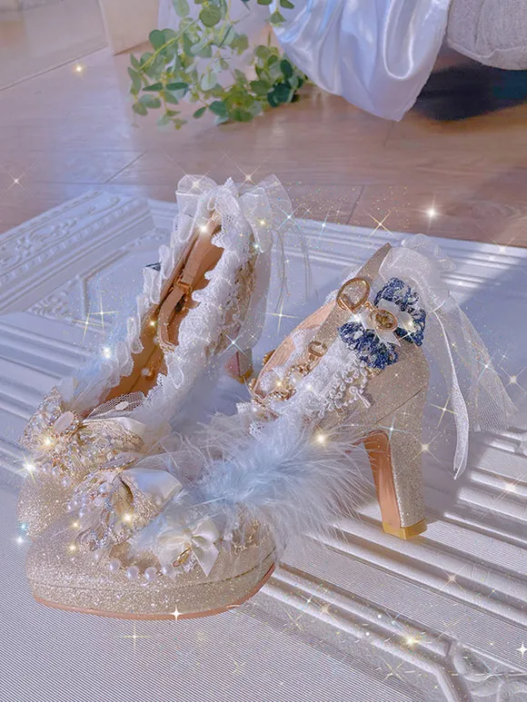 Sweet Lolita Footwear Champagne Pearls Bows Lace PU Leather Chunky Heel Lolita Pumps
