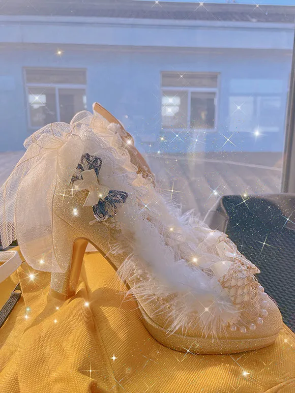 Sweet Lolita Footwear Champagne Pearls Bows Lace PU Leather Chunky Heel Lolita Pumps